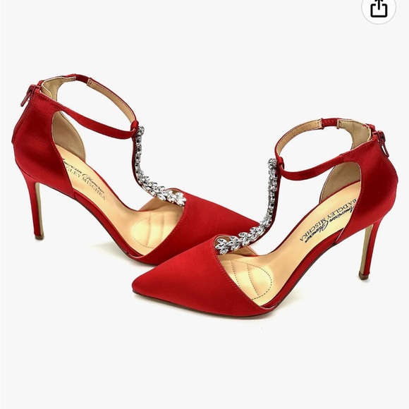 BADGLEY MISCHKA AMERICAN GLAMOUR Red Pointed Toe Embellished Heels - Picture 3 of 11